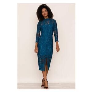 Yumi Kim Ink Blue Teal Leading Lady Lace Sheath Dress Sz.S